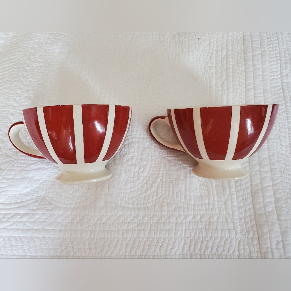 Pair of Red & White Striped Handled Ceramic Bowls